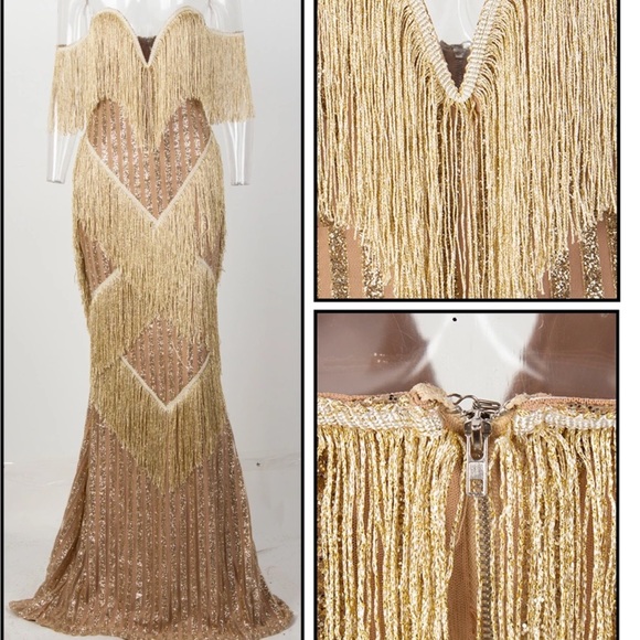 💛 V-Neck Gold Fringed Stripe Glitter Long Dress - Picture 5 of 6